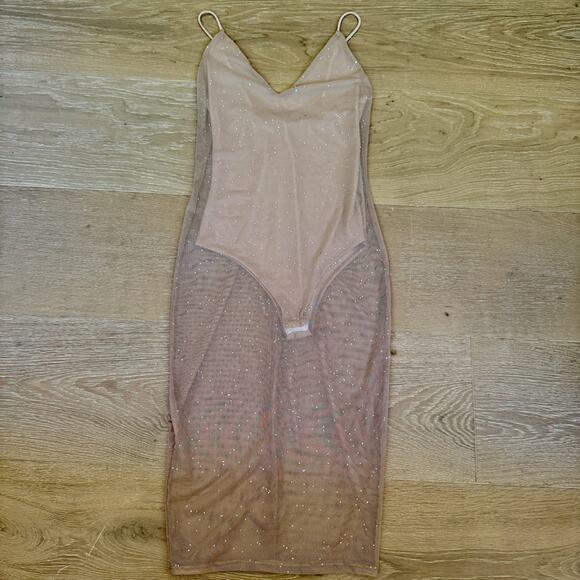 Sheer Nude Mesh Rhinestone MIDI Dress with attached Bodysuit size small - Picture 7 of 9